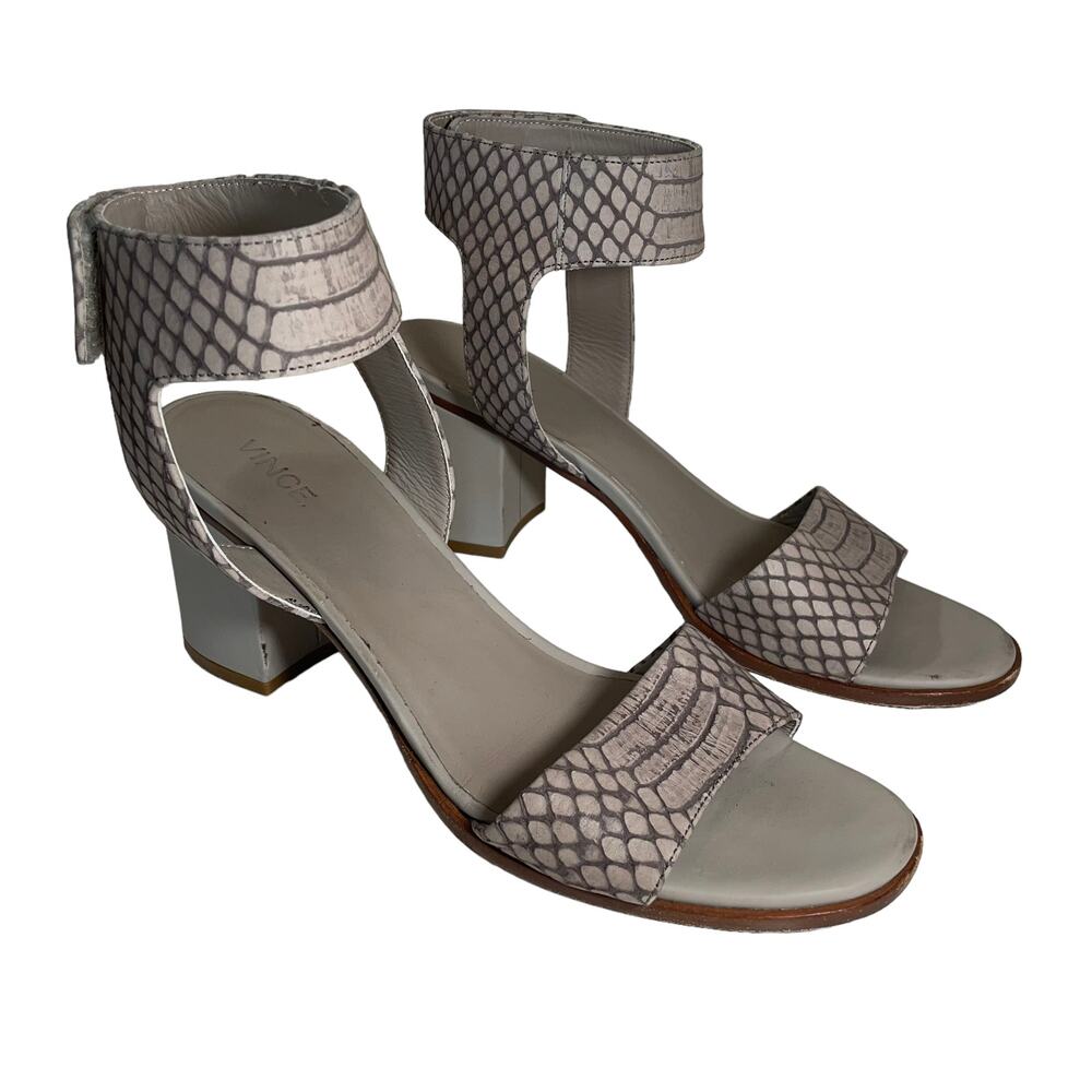 VINCE Josslyn Leather Snake Block Heel Ankle Strap Sandals Open Toe Gray 8 Italy